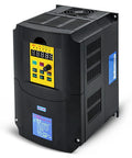 Front view of black 7.5kW VFD drive with yellow control panel, digital display, and cooling vents