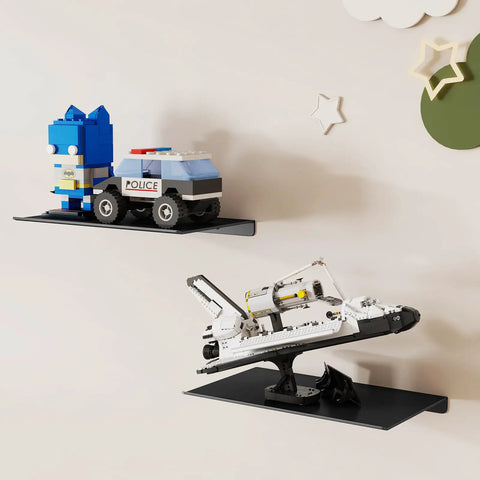 Slick 8 Inch Small Floating Wall Shelves displaying LEGO toys, matte black, heavy-duty metal storage for playful room decor.