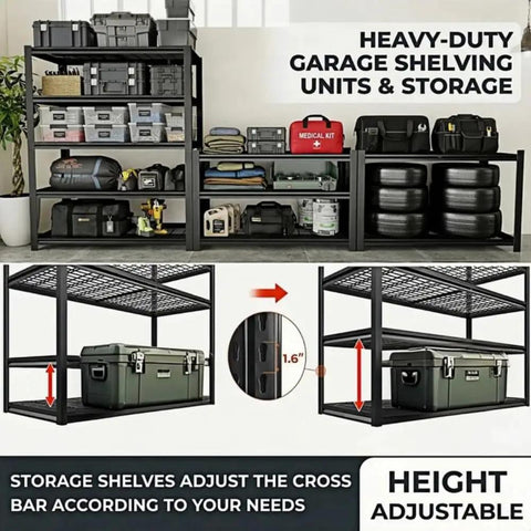 Beefy 4 Tier Heavy Duty Metal Storage Shelving Unit With 2240 Lbs Total Load Capacity filled with garage items