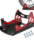 Heavy Duty Motorcycle Wheel Chock Transport Stand With 1800 Lbs Adjustable Capacity Universal 8 To 21 Inch Wheels Fit For Dirt Bikes Cruisers Sports Bikes Ebikes Portable Trailer Or Truck Mount Red And Black shown with bolts