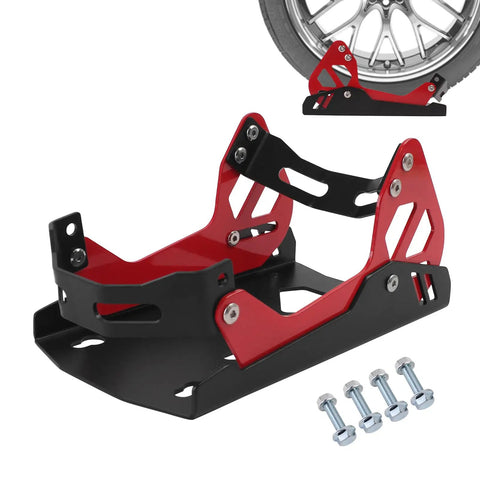 Heavy Duty Motorcycle Wheel Chock Transport Stand With 1800 Lbs Adjustable Capacity Universal 8 To 21 Inch Wheels Fit For Dirt Bikes Cruisers Sports Bikes Ebikes Portable Trailer Or Truck Mount Red And Black shown with bolts