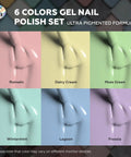 Six Pastel HEMA Free Gel Nail Polish Set With Beige, Light Purple, Cream, Light Green, Mint, And Baby Blue brush samples