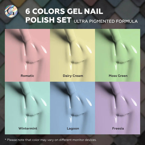 Six Pastel HEMA Free Gel Nail Polish Set With Beige, Light Purple, Cream, Light Green, Mint, And Baby Blue brush samples