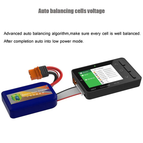 Smart Battery Checker ICC2010 For RC Folks, BattGO Ready, showing 2-8S cell balancing with XT60i connection and LiPo battery.