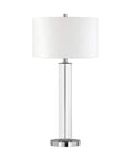 Tall 29 Inch Table Lamp With White Fabric Shade And Clear Glass Base In Polished Nickel Finish, Dope Sleek Cylindrical Vibe For Nightstands Desks Or Consoles, Long 6 Foot Cord Included