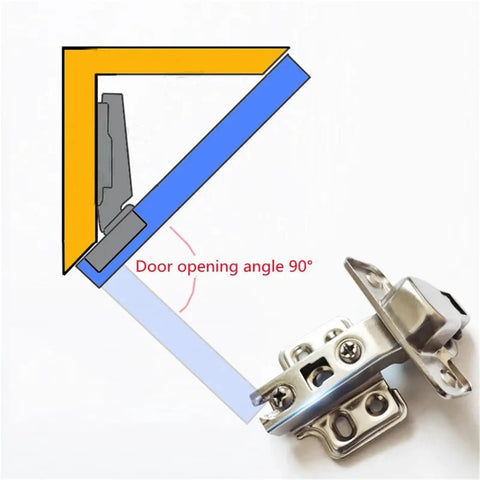 Diagram of 1 Piece -45 Degree Corner Fold Cabinet Door Hinge Set With Screws showing hinge and door opening angle 90 degrees