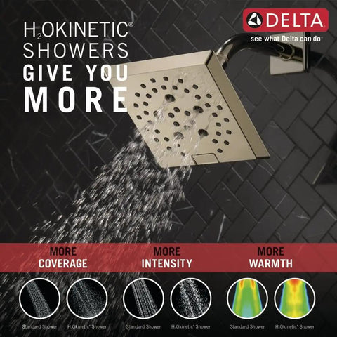 Square Shower Head With H2Okinetic PowerDrench Spray Kickin 3x Coverage 5 Spray Settings Touch Clean 1.75 GPM Lumicoat Polished Nickel Finish Full Body Spray demonstrating water flow and coverage.