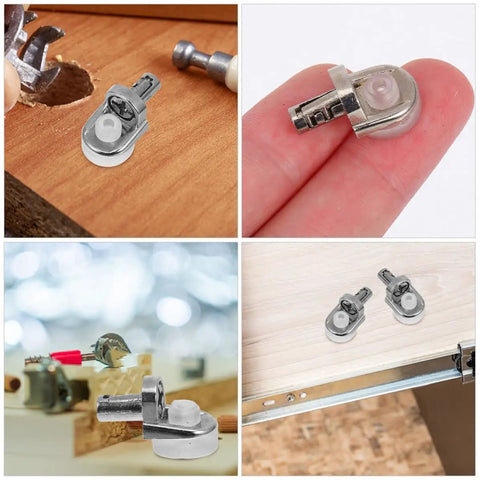 Collage of 24Pcs Zinc Alloy Cabinet Shelf Pins With Strong Grip For Stable Shelves In Kitchen Cabinets shown in use and detail