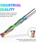 Upcut spiral router bit, extra-long 5-inch length, 1/2-inch shank, rainbow TAC-coated solid carbide for mortise slots