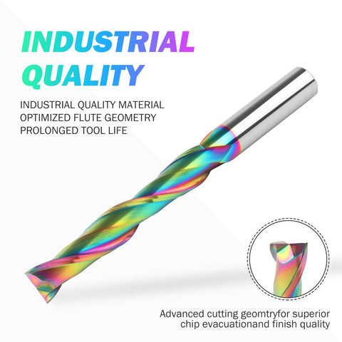 Upcut spiral router bit, extra-long 5-inch length, 1/2-inch shank, rainbow TAC-coated solid carbide for mortise slots