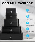 Stack of Goehiaul cash boxes in various sizes against marble background with size descriptions from mini to extra large.