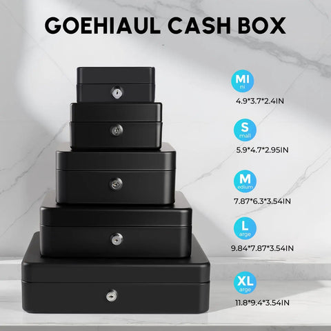 Stack of five black locking cash boxes, including Beefy Locking Cash Box With Money Tray For Cash Registers, Black 11.8 By 9.4 By 3.54 Inches