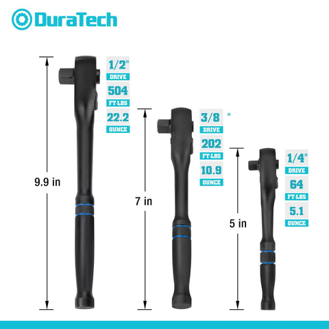 Three Piece Drive Ratchet Set With One Quarter Inch Three Eighth Inch And One Half Inch Drives Ninety Tooth Quick Release Reversible Cr V Steel With Manganese Phosphate Black Finish Heavy Duty Gift For Men And Women showing three ratchets with size and torque labels