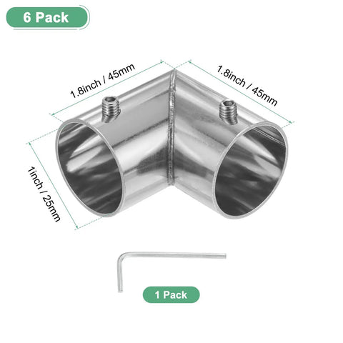 Six Pack Stainless Steel Structural Pipe Connector Set For 1 Inch 25mm OD Pipe, 90 Degree Two Way Fittings with Allen Key