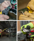 Hands using Electrician Tool Kit 14-Piece with hand tools including wire stripper, cutter, pliers, screwdriver, and tape measure in construction.