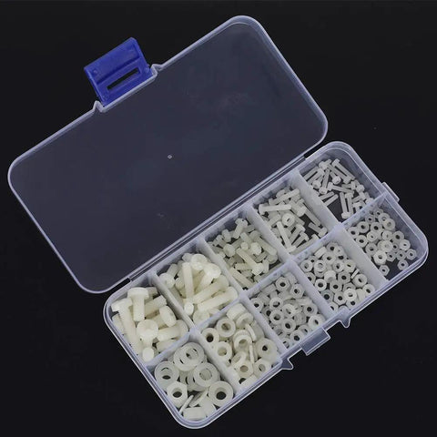 270 Piece Nylon Screw Set In Resealable Box, Assorted White Nylon Fasteners For DIY Projects, Easy To Tighten And Loosen Threads, Ultra Tough, Reliable Quality, Long Lasting Use, Handy Storage Box Included clear box with assorted M2-M5 screws, nuts, and washers