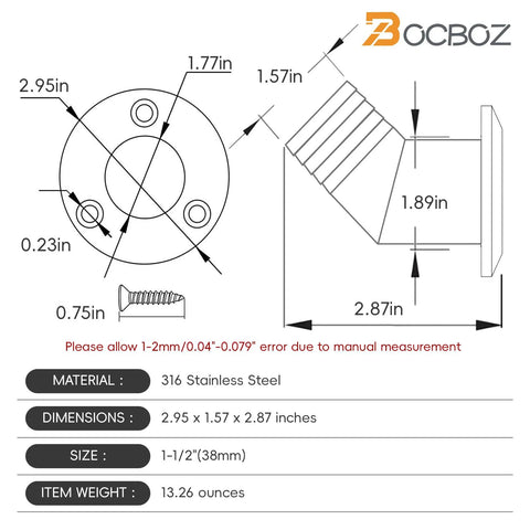 Front view of BocBoz 1-1/2 in deck fill flange in 316 stainless steel with angled neck and mounting holes