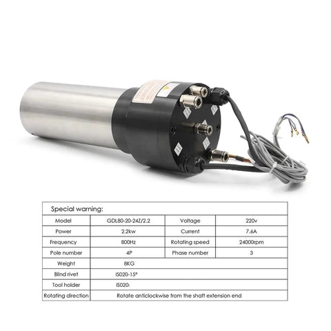 Heavy Duty 2.2kw Water Cooled Spindle 220v Router Motor, 24000rpm, with seal fittings and wiring for CNC setups.