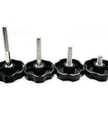 Heavy Duty Stainless Steel Thumb Screw Bolts With Slick Black Plastic Clamping Knobs, Ergonomic Grip For Zero Sweat Quick Adjustments, Corrosion Resistant 5/16 Inch Fasteners, 4 Pack Assortment displayed in a row.