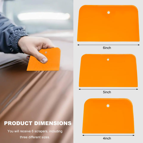 Pro Grade 6 Piece Body Filler Spreader Set With 4 Inch 5 Inch And 6 Inch Reusable Plastic Scrapers For Automotive Paint Repairs Caulks Putties And General Body Work Ideal For Smooth Even Applications On Various Surfaces. 6-inch orange plastic spreader in use and size chart