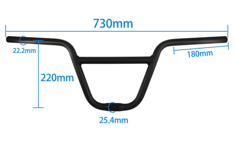 730mm Aluminum Handlebar for BMX and City Folding Bikes, 25.4mm Stem Clamp, dimensions labeled in blue text.