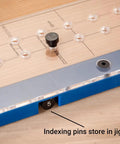 Shelf Pin Drilling Jig For Cabinets And Woodworking With 1/4 Inch And 5mm Self Centering Bits, Drill Guide showing indexing pins storage.