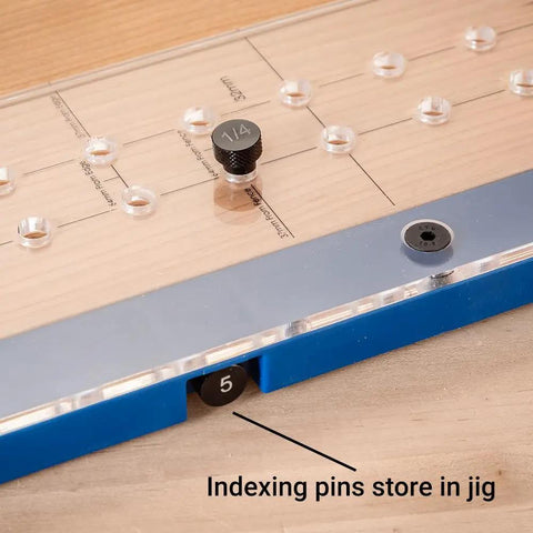 Shelf Pin Drilling Jig For Cabinets And Woodworking With 1/4 Inch And 5mm Self Centering Bits, Drill Guide showing indexing pins storage.
