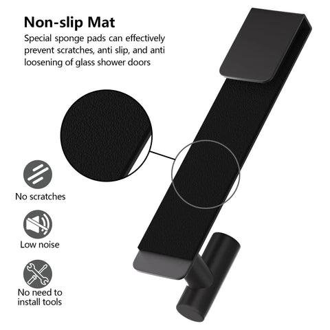 Stainless Steel Over The Door Shower Hooks For Frameless Glass Doors 7.5 Inch Extended T Shape Towel Hanger Black Finish with Anti Slip Mat