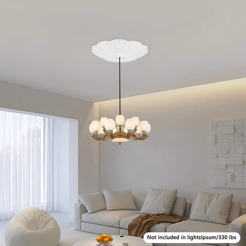 Heavy Duty White Metal Electric Hoist Lift System For Hanging Chandeliers With Cool 2-in-1 Switch, Durable 330 Lbs Load Capacity in a modern living room.