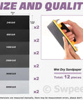 32 Piece Ultra Fine Sanding Sponge Pad Kit With 5 Grit Ranges From 240 To 5000, hand holding sanding pad, labeled sizes.