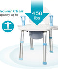 2 In 1 Shower Chair With Commode Bath Bench showing 450lbs capacity, white seat with blue supports, back and arms
