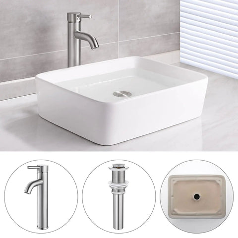 Rectangular Vessel Sink With Faucet And Drain Combo In Brushed Nickel Finish 19 By 14.6 Inch Bathroom Vanity Sink Set