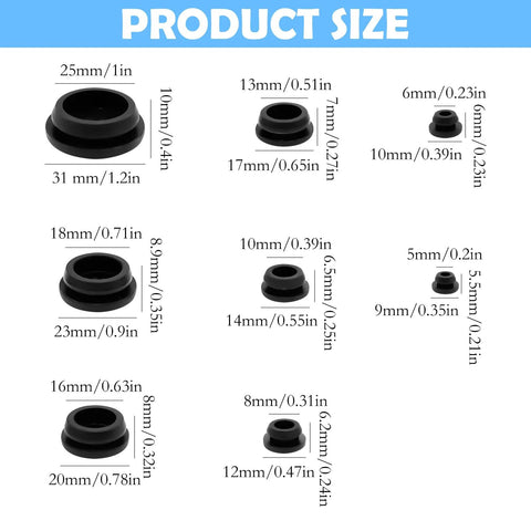 Size chart of 125Pcs Black Silicone Rubber Plugs Set For Round Holes Various Sizes Ideal For Car Wiring And Furniture Replacement