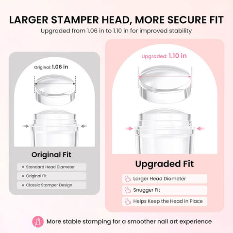 Comparison of French Nail Stamper Kit With Upgraded Secure Fit Silicone Stampers and Scrapers, showing head size upgrade from 1.06 to 1.10 inches.