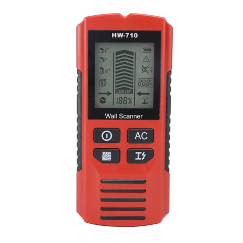 7 in 1 Wall Scanner Stud Finder, Metal Wood AC Wire Detector with digital display and control buttons in red casing.