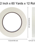 Half Inch Masking Tape 60 Yards Per Roll 12 Rolls White No Residue Painters Tape shown in round and side view with dimensions