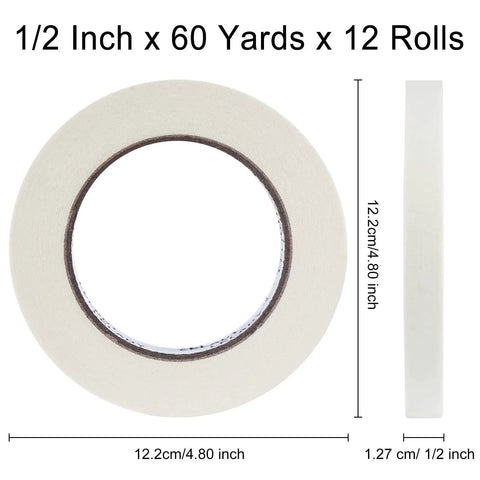 Half Inch Masking Tape 60 Yards Per Roll 12 Rolls White No Residue Painters Tape shown in round and side view with dimensions