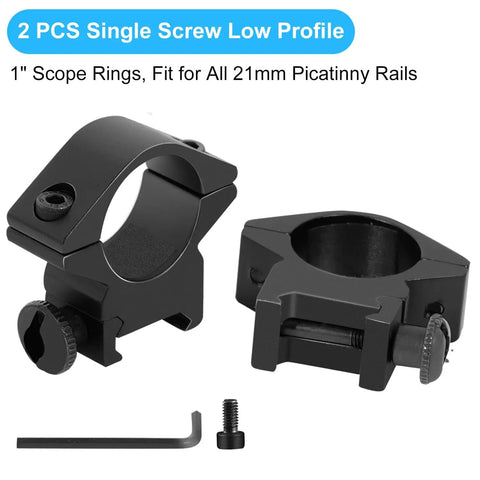 Hella Durable One Inch Scope Rings Single Screw Picatinny Rail Mount for 21mm rails, low profile black aluminum design.
