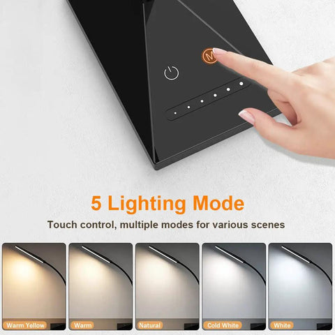 Close-up of touch control on Dope LED Desk Lamp With USB Charging Port, showing 5 color modes and 6 brightness levels.