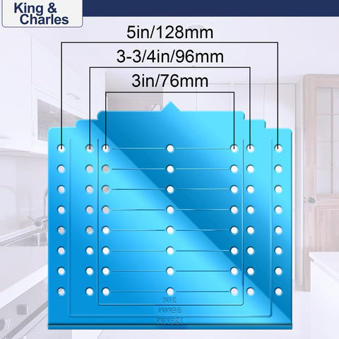 Cabinet Hardware Template With Center Punch Kit for Installing Handles Knobs and Pulls On Drawers and Doors, blue acrylic guide with measurements