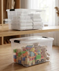 60 Quart Clear Plastic Storage Bins With Secure Latching Lids Heavy Duty Stackable Tote Containers For Home Organization with towels and toys