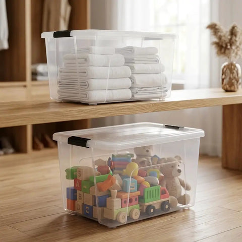 60 Quart Clear Plastic Storage Bins With Secure Latching Lids Heavy Duty Stackable Tote Containers For Home Organization with towels and toys