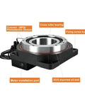 CNC Hollow Rotary Platform designed as a circular motorized indexing table with cross roller bearing and sensor connections.