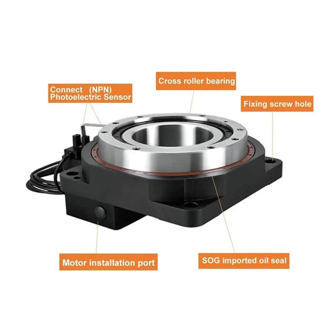 CNC Hollow Rotary Platform designed as a circular motorized indexing table with cross roller bearing and sensor connections.