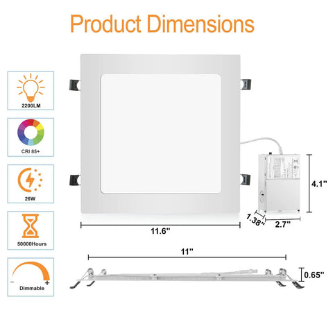 Diagram of 4 Pack 11 Inch Square Recessed LED Ceiling Downlights With Junction Box, 3 Color Temperature Options And Dimmable