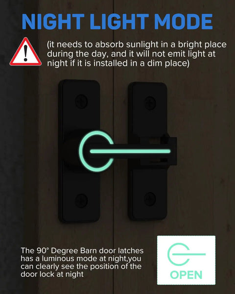 Built Tough Heavy Duty Zinc Alloy Gate Latch Lock glowing at night in Night Light Mode on barn door.