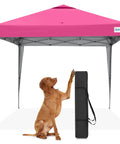 No Fuss Easy Setup 10x10 Pop Up Canopy Tent With No Sidewalls, Instant Portable Gazebo For One Person shown in pink with carry bag