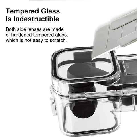 Underwater Dive Case For Osmo Pocket 3 waterproof housing with tempered glass lens being tested for scratch resistance.