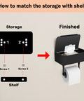 Installation guide for Stainless Steel Toilet Paper Holder With Shelf And Hidden Wipes Dispenser SUS304 Wall Mount shown with screws.