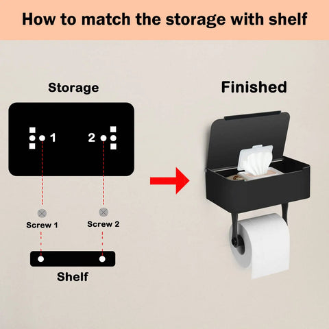 Installation guide for Stainless Steel Toilet Paper Holder With Shelf And Hidden Wipes Dispenser SUS304 Wall Mount shown with screws.